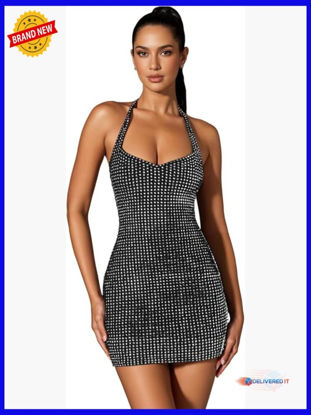 Sexy Sparkly Dots Halter Deep V Neck Backless Bodycon Mini Dress